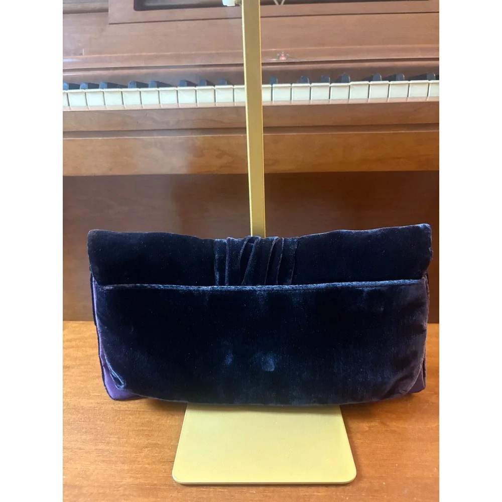 Coach Velvet Pleated Clutch Wristlet Black Purple Satin Snap Closure Evening Bag